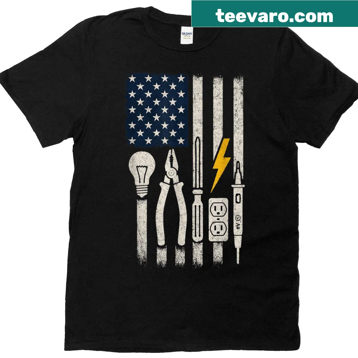 Patriotic electrician T-shirt with American flag and tools design — on a men's t-shirt