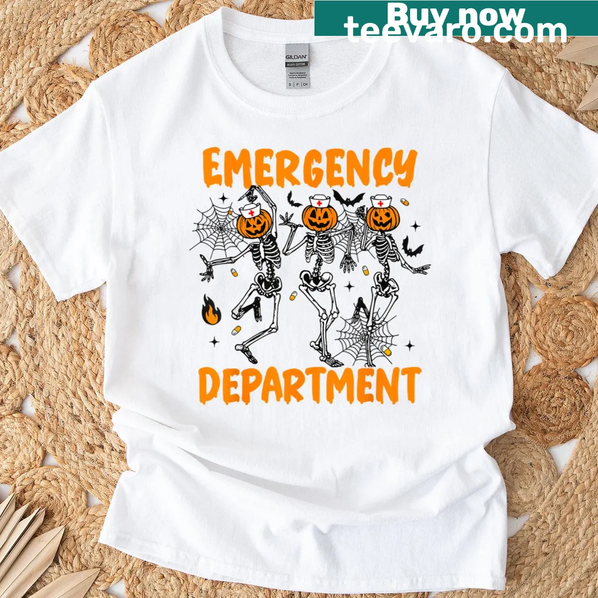 Dancing skeleton nurse Halloween t-shirt design — on a men's t-shirt