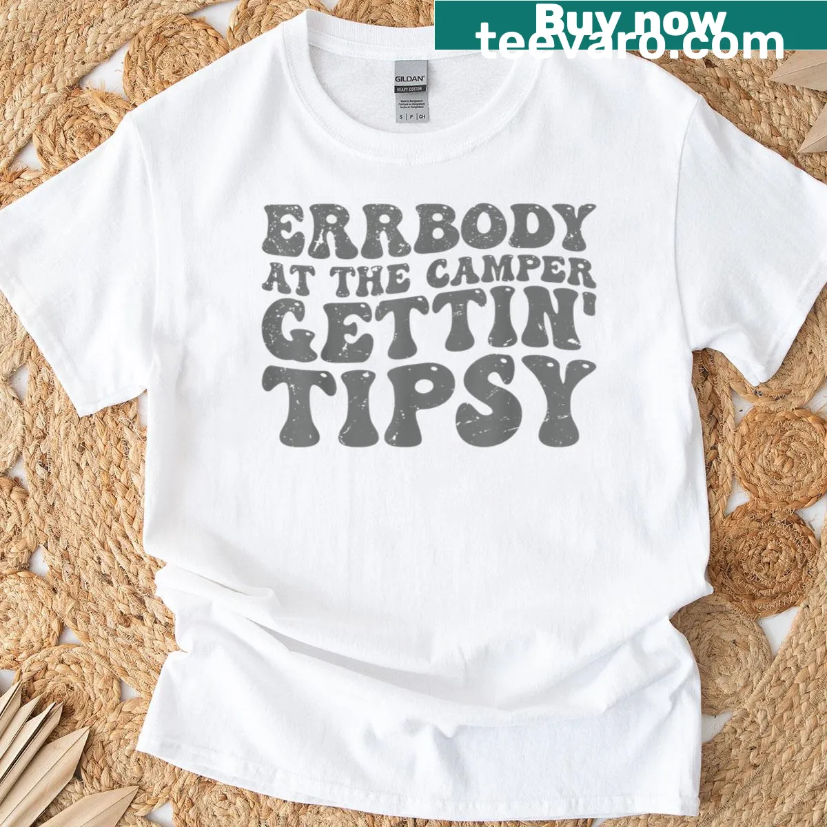 Camping themed T-shirt with the phrase about getting tipsy — on a men's t-shirt