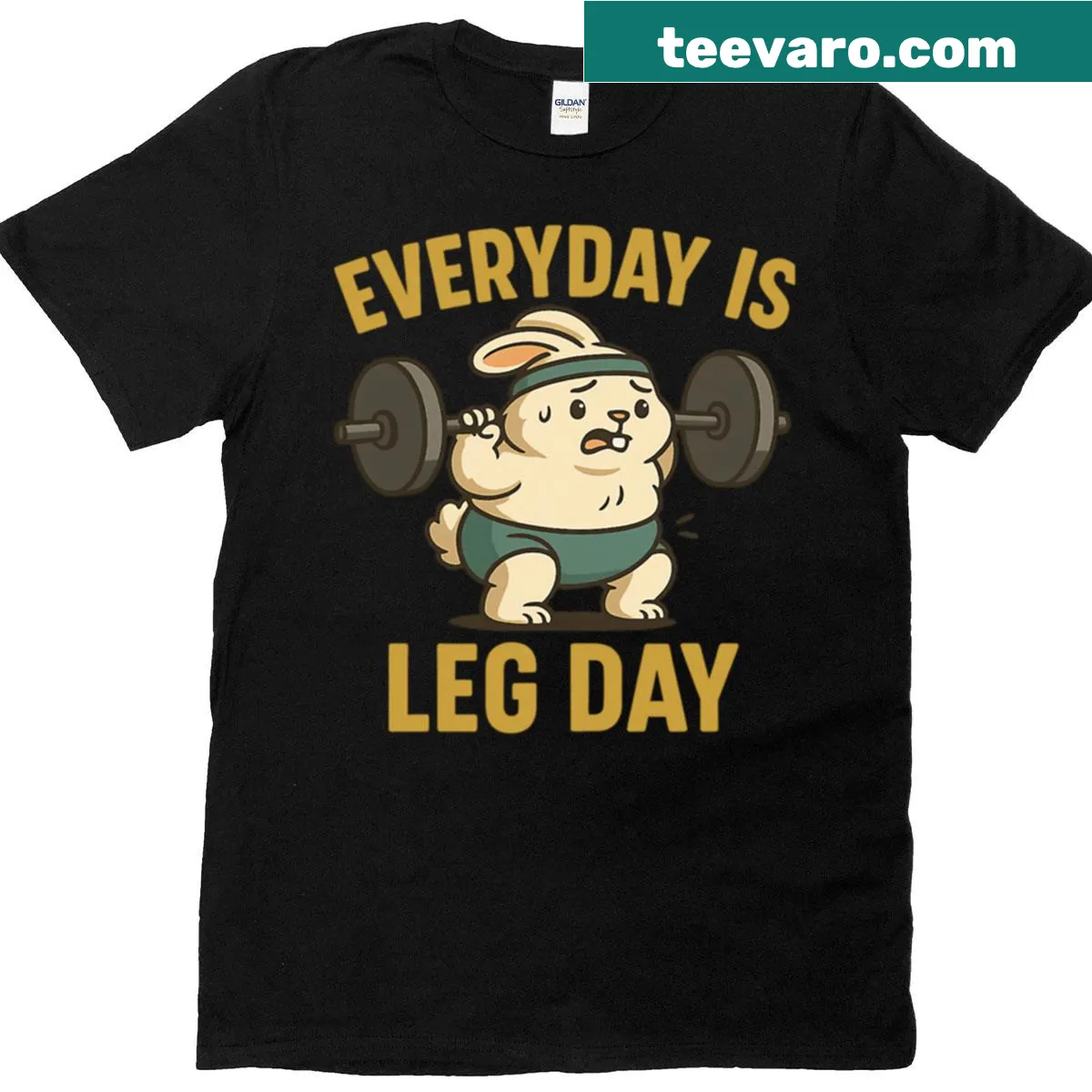 Illustrated gym-themed t-shirt featuring a struggling bunny lifting weights — on a men's t-shirt