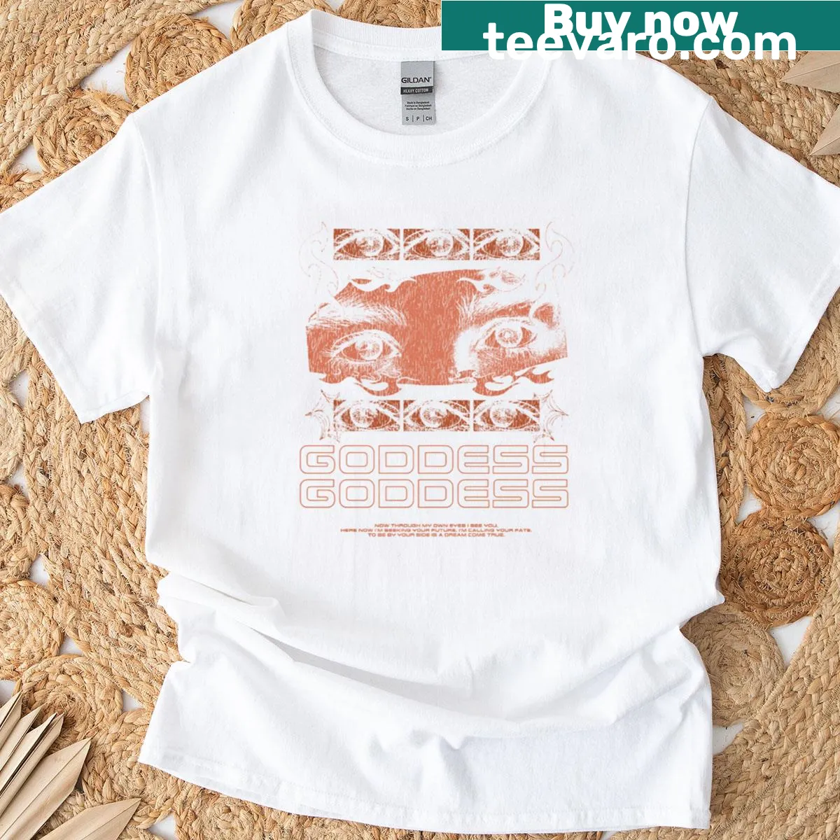Illustration of a goddess with captivating eyes, blending art and mythology. — on a men's t-shirt