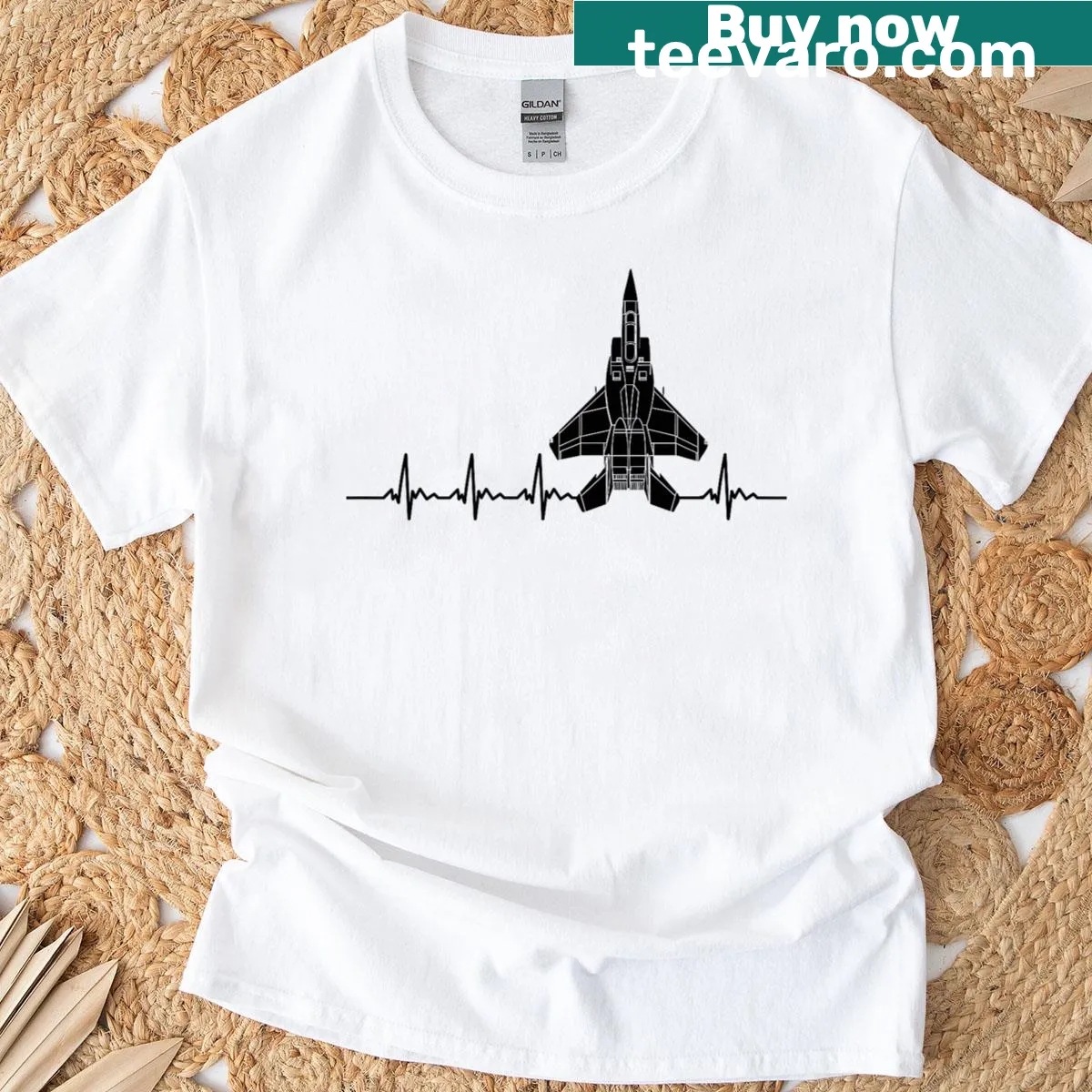 Graphic of an F-15 Eagle fighter jet symbolizing strength and pride. — on a men's t-shirt