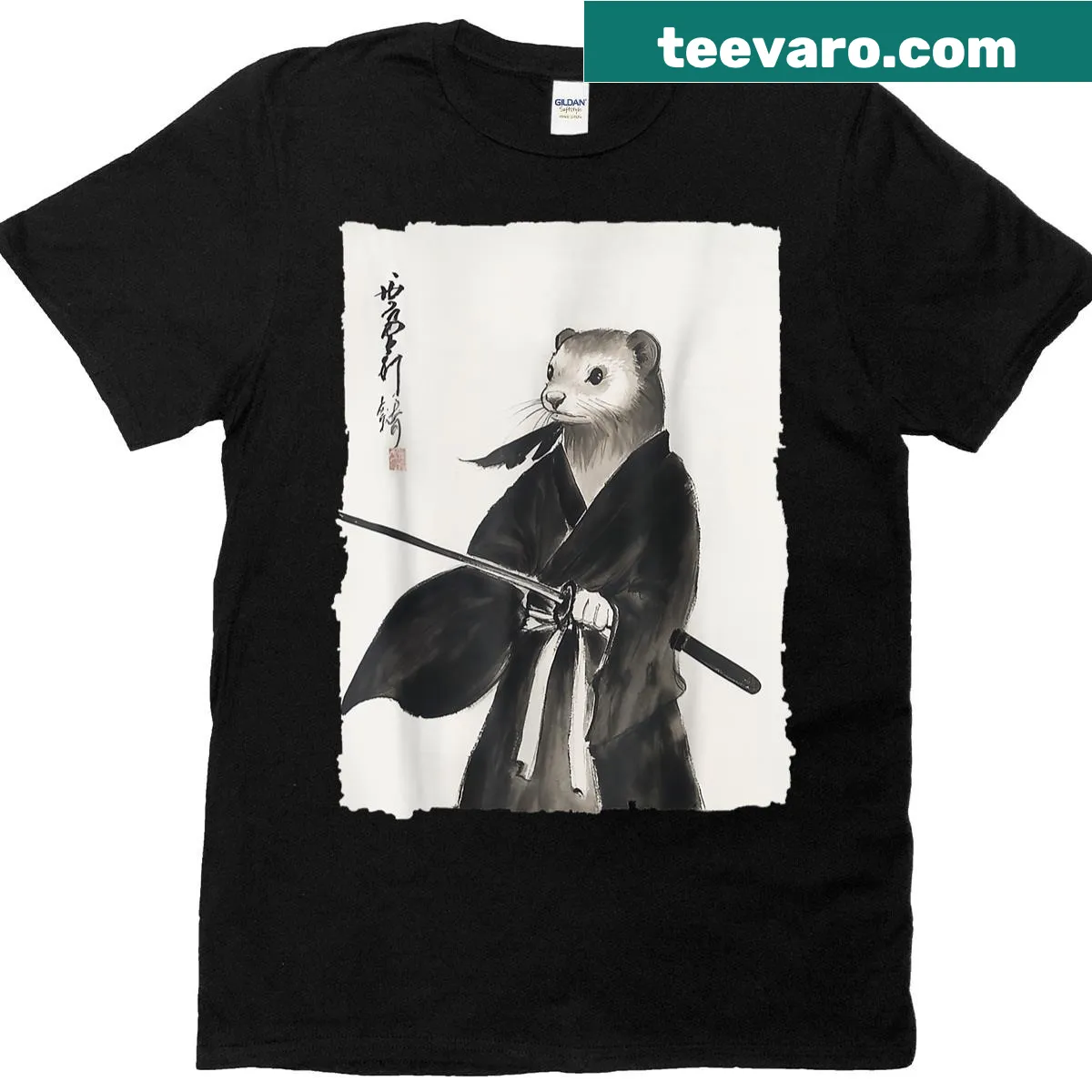 Ferret samurai graphic t-shirt with anime style — on a men's t-shirt
