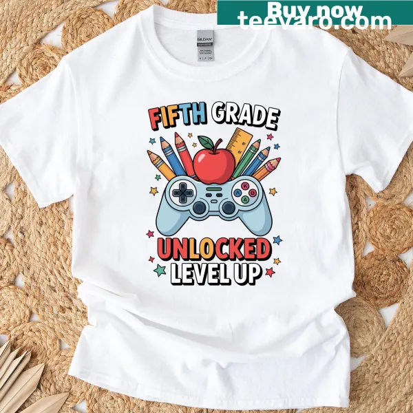Funny gamer t-shirt with a level-up graphic for fifth graders