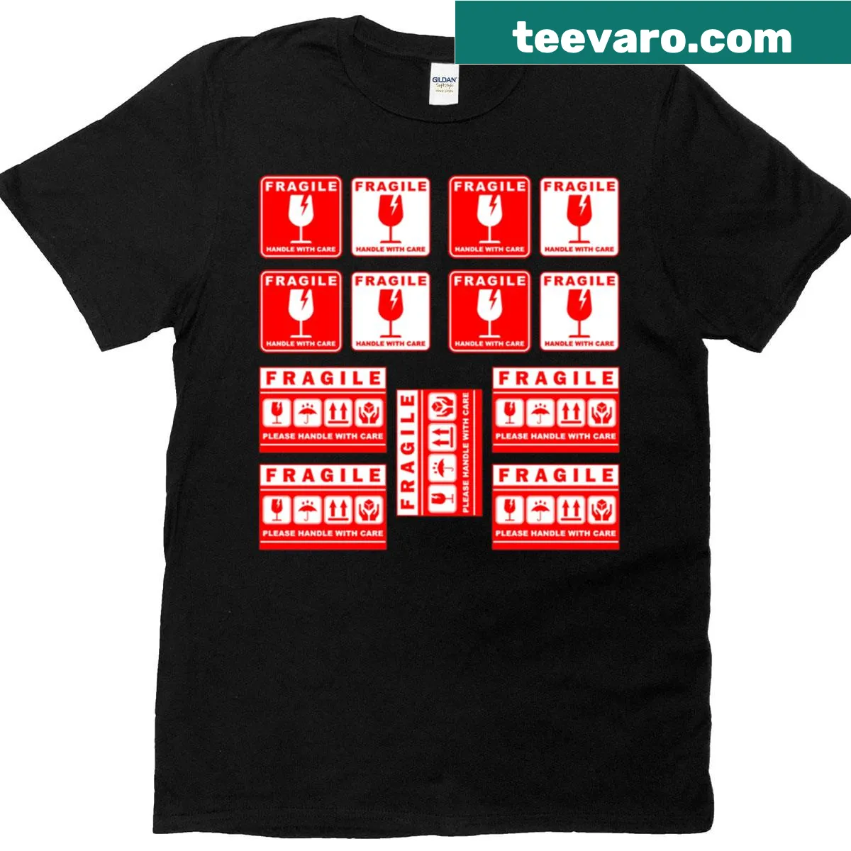 Graphic t-shirt with playful Fragile package label design — on a men's t-shirt