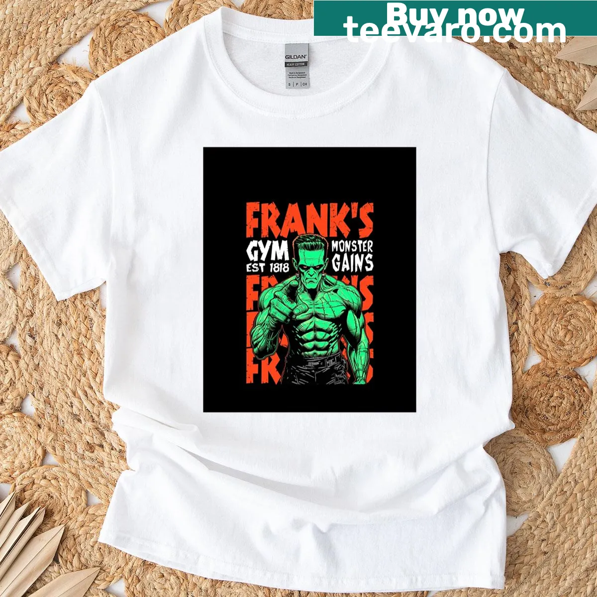 Vintage Halloween graphic of Frankenstein lifting weights — on a men's t-shirt