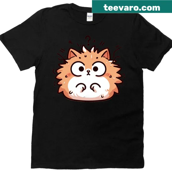 Funny cat T-shirt depicting a frazzled cartoon cat after electric shock