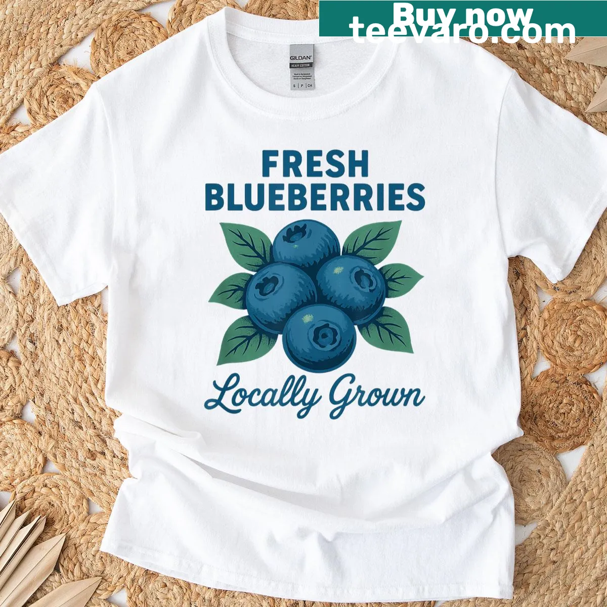 Vintage advertisement-style t-shirt with blueberries — on a men's t-shirt