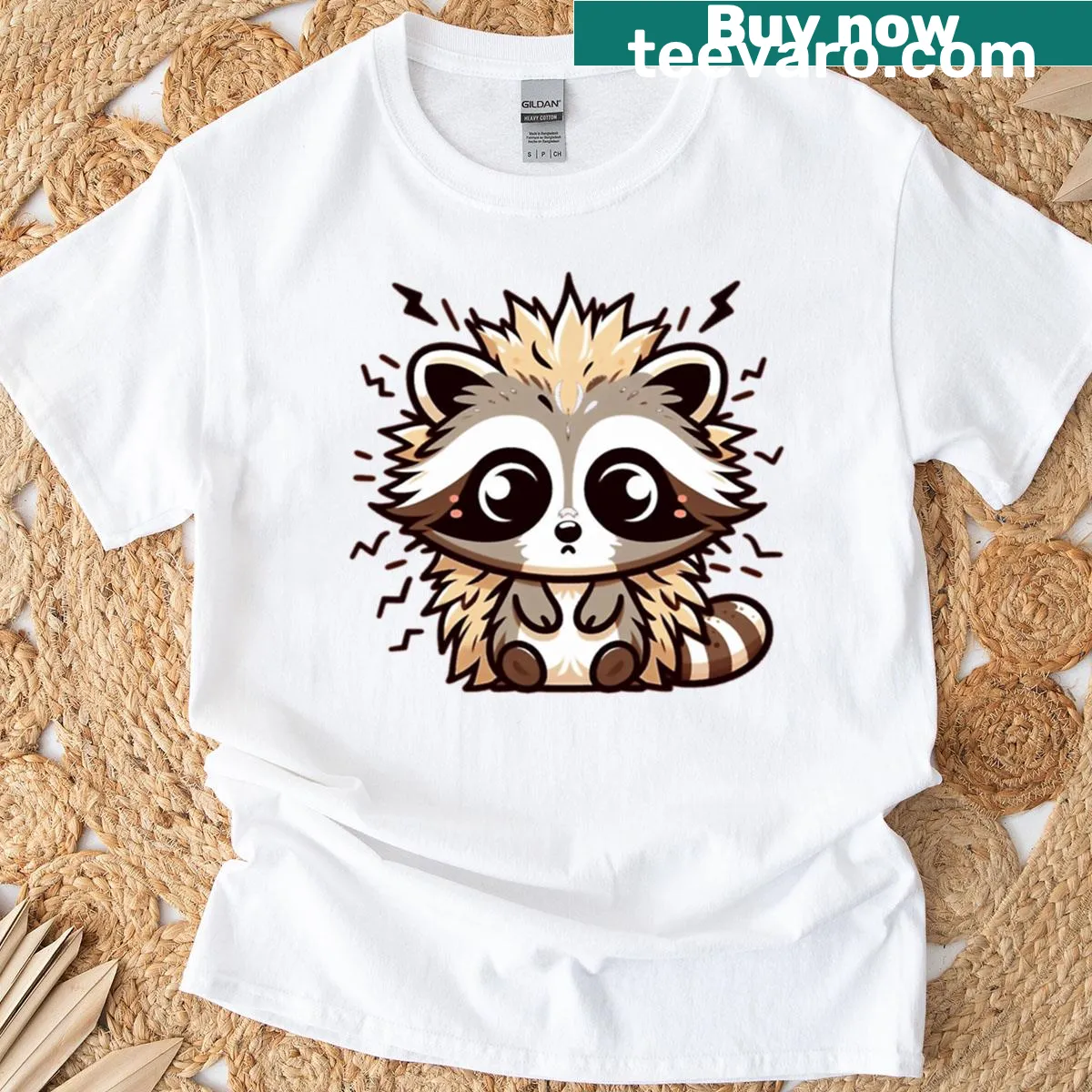 Funny raccoon t-shirt with cartoon illustration of shocked raccoon — on a men's t-shirt
