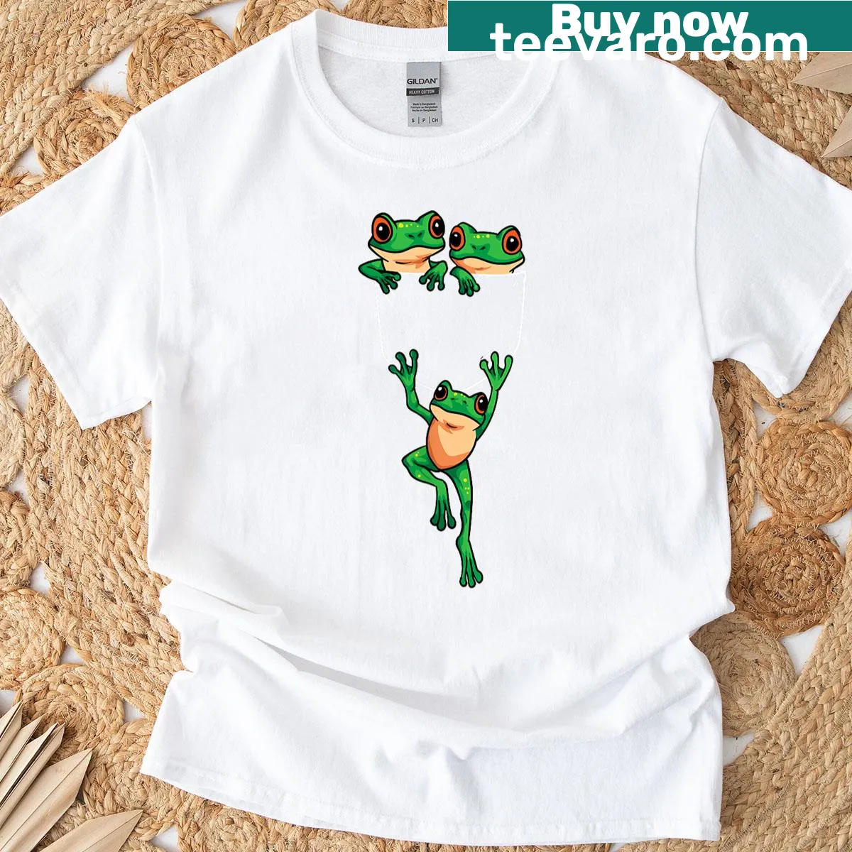 Pocket t-shirt with a quirky frog design and playful text — on a men's t-shirt