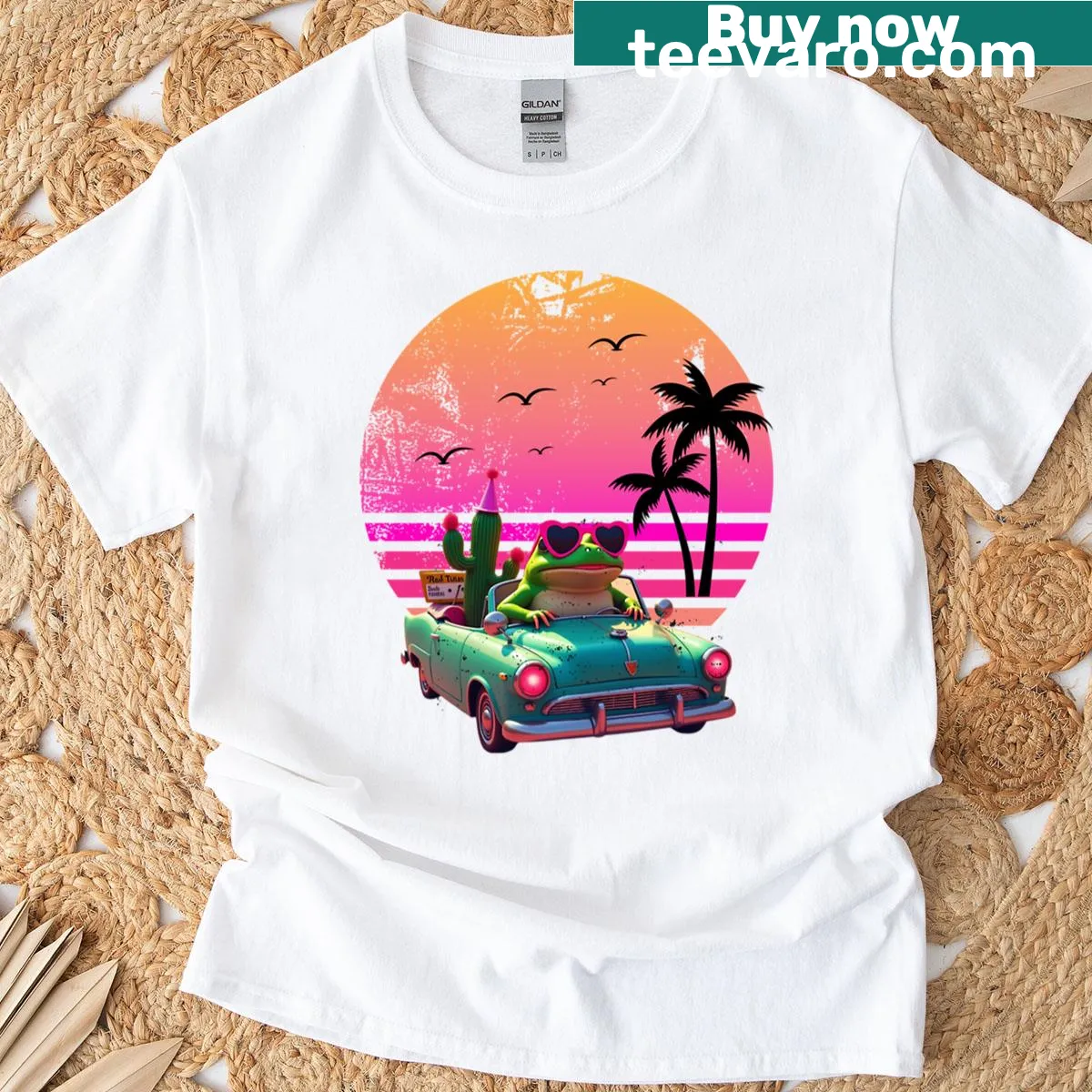 Retro t-shirt featuring a frog on a sunset ride graphic — on a men's t-shirt