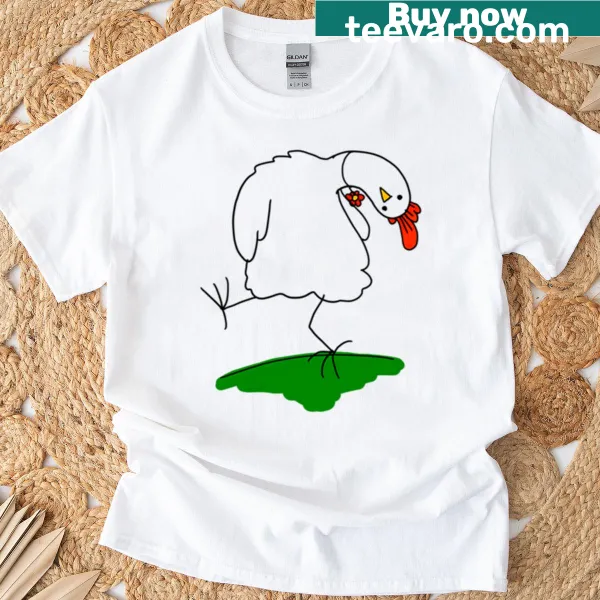 One-line art T-shirt featuring a chicken with a flower necklace