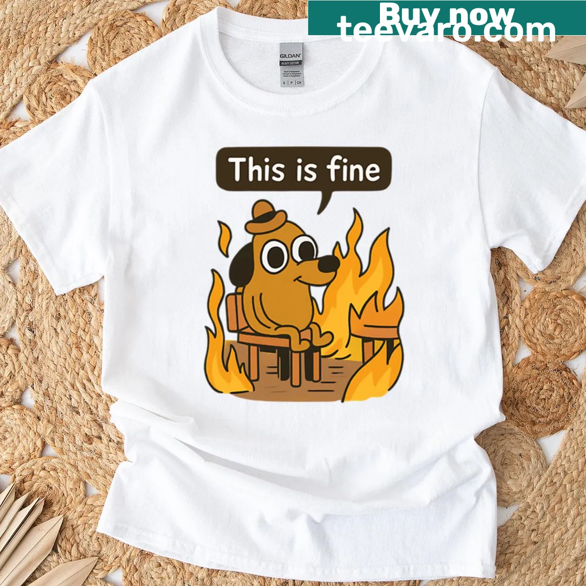 Cartoon T-shirt with a humorous 'everything is fine' phrase — on a men's t-shirt