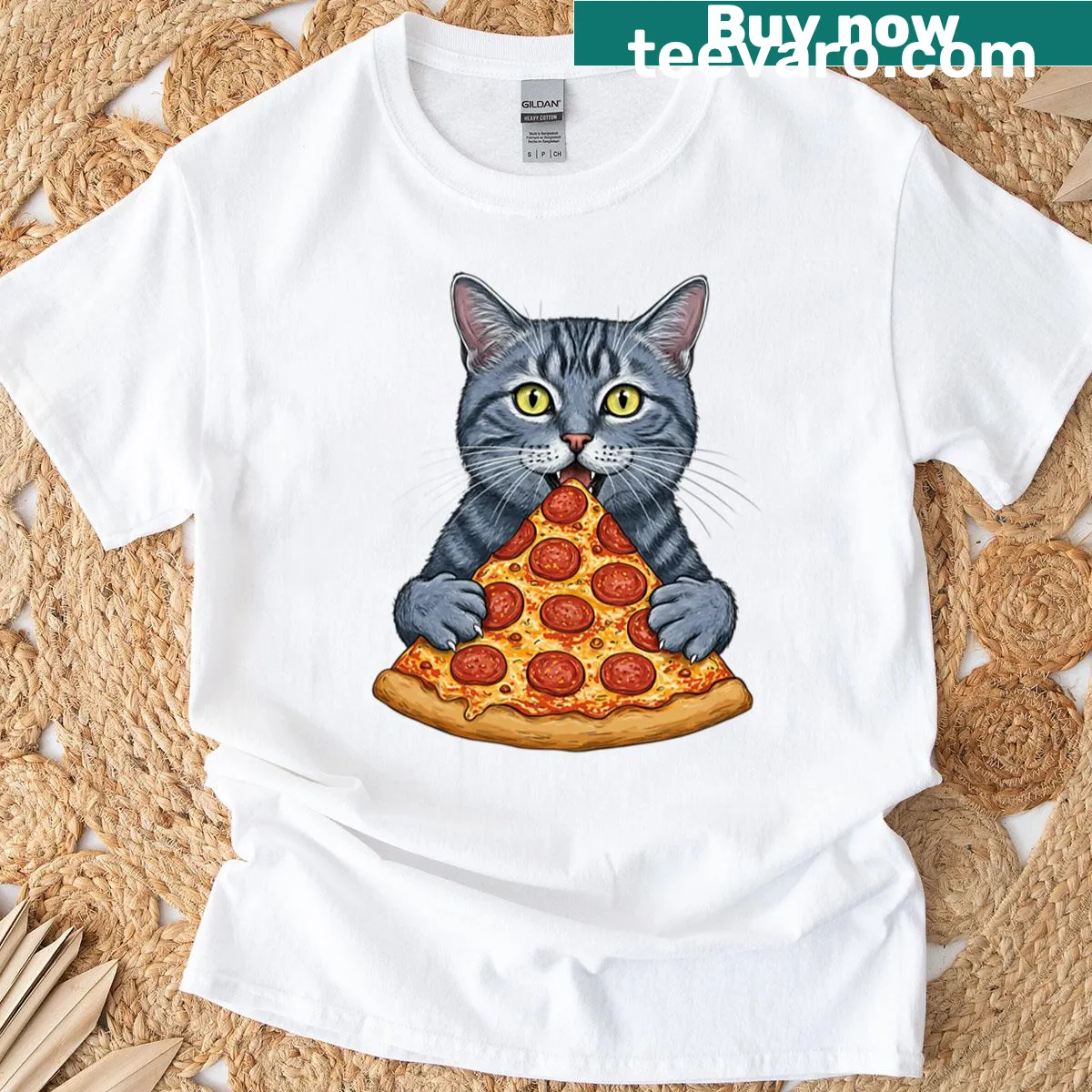 Cat cartoon eating pepperoni pizza in a fun design — on a men's t-shirt