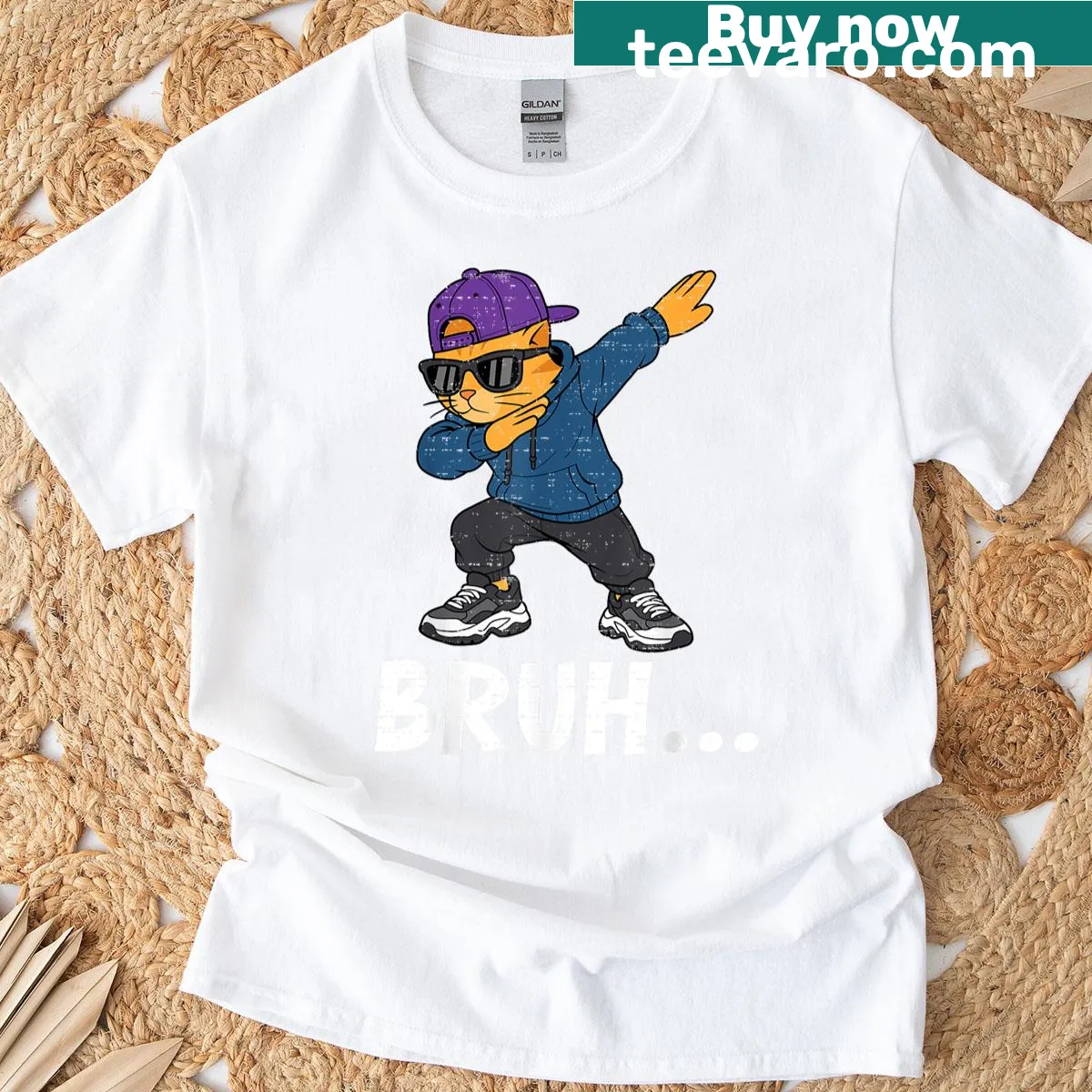 Cartoon dabbing cat graphic on a humorous T-shirt — on a men's t-shirt