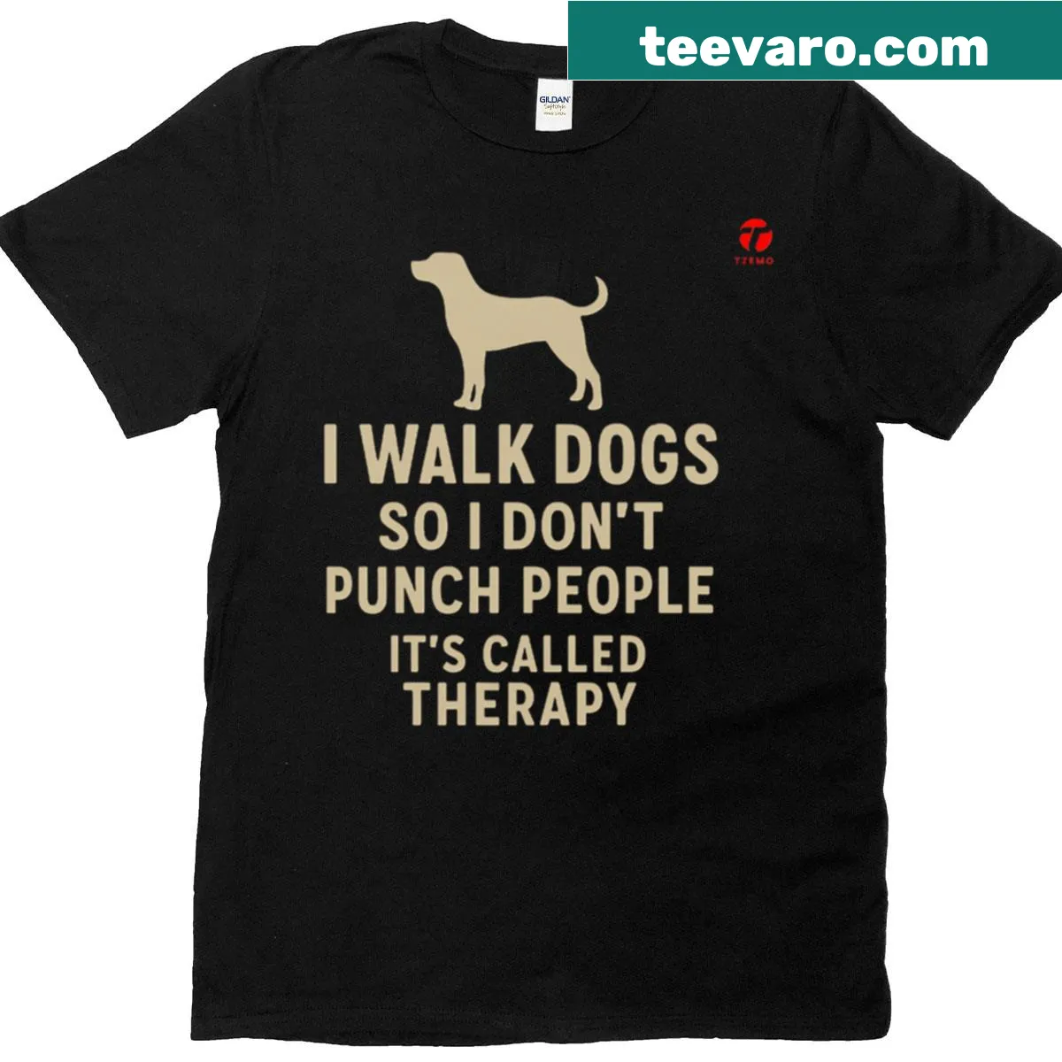 Sarcastic dog walker t-shirt with humorous text design — on a men's t-shirt