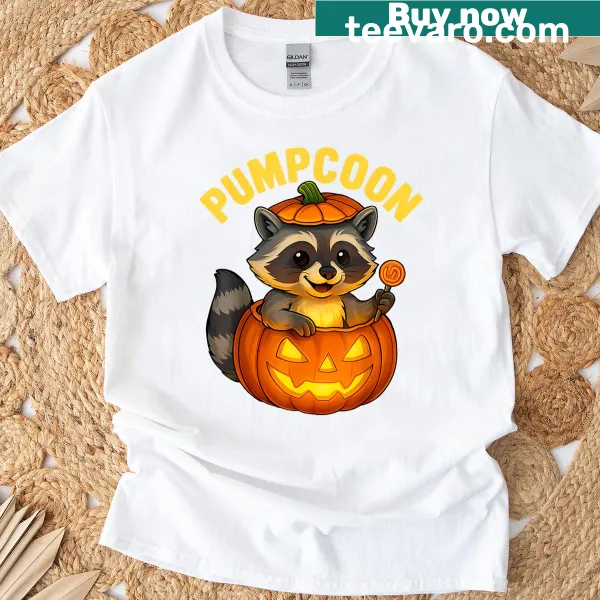 Humorous Halloween t-shirt featuring a raccoon in a pumpkin