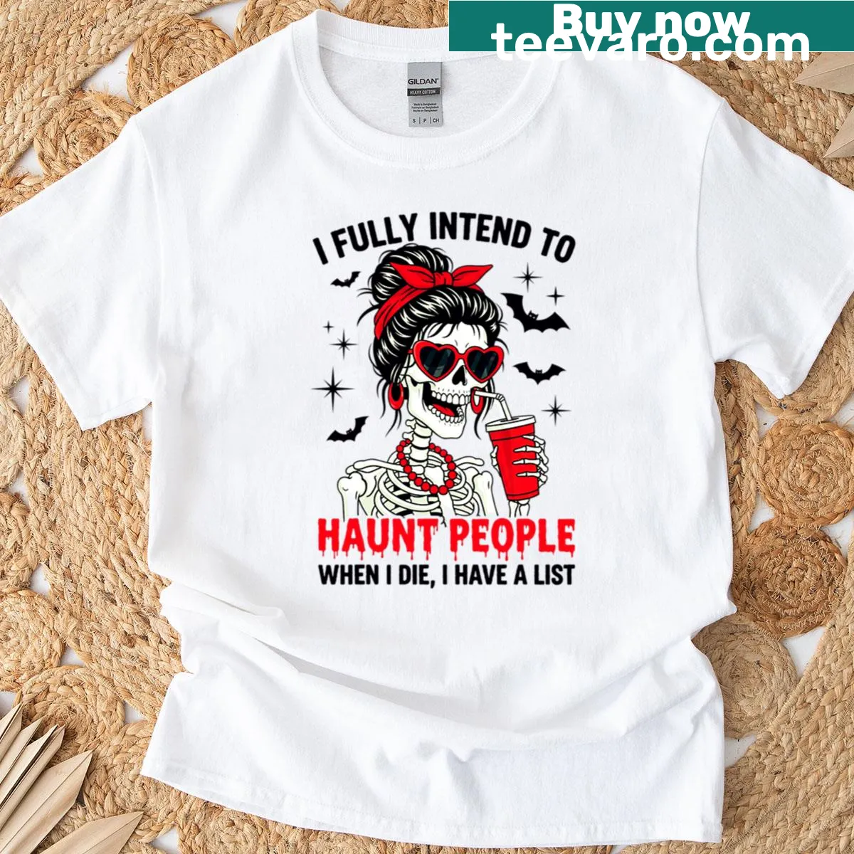 Vintage-style T-shirt with a humorous skeleton lady design for Halloween — on a men's t-shirt