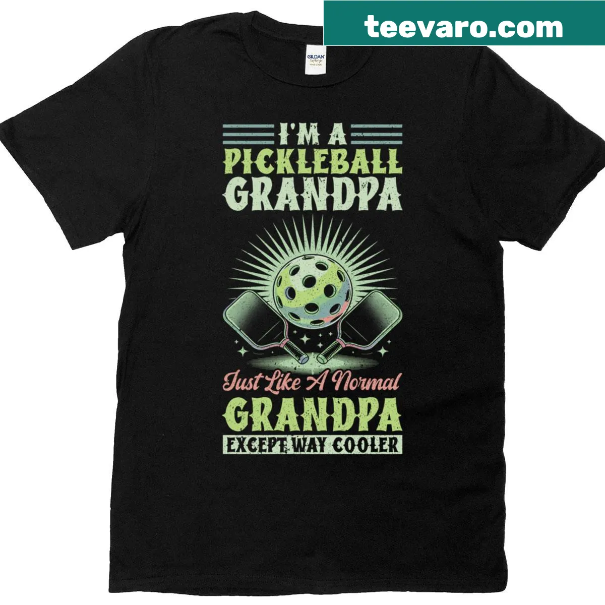 Graphic of a pickleball paddle with fun text for grandpas — on a men's t-shirt