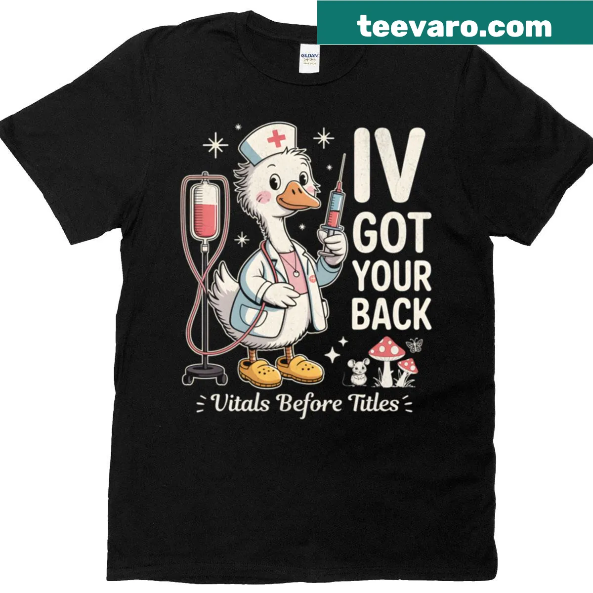 Cartoon goose meme graphic on a humorous nurse T-shirt — on a men's t-shirt