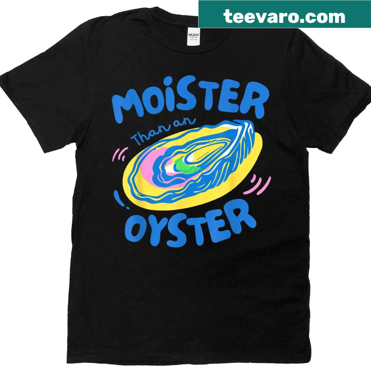 Cartoon oyster graphic and humorous text on a women's T-shirt — on a men's t-shirt