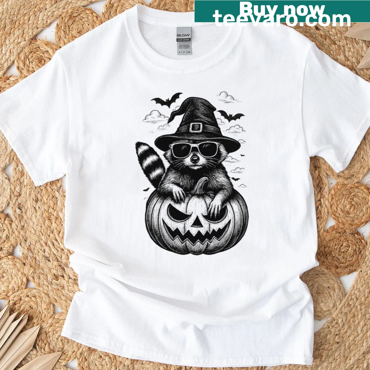 Cartoon Halloween T-shirt with raccoon and pumpkin — on a men's t-shirt