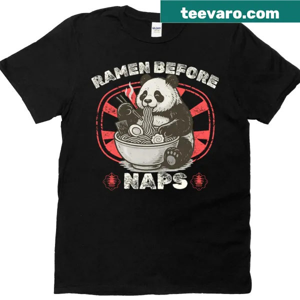 Oversized t-shirt with a panda holding ramen and the text 'Ramen Before Naps'