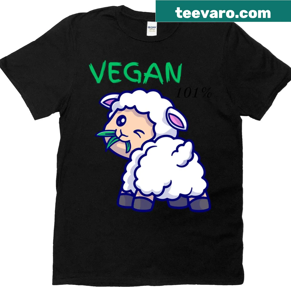 Cartoon T-shirt featuring a sheep happily eating grass — on a men's t-shirt