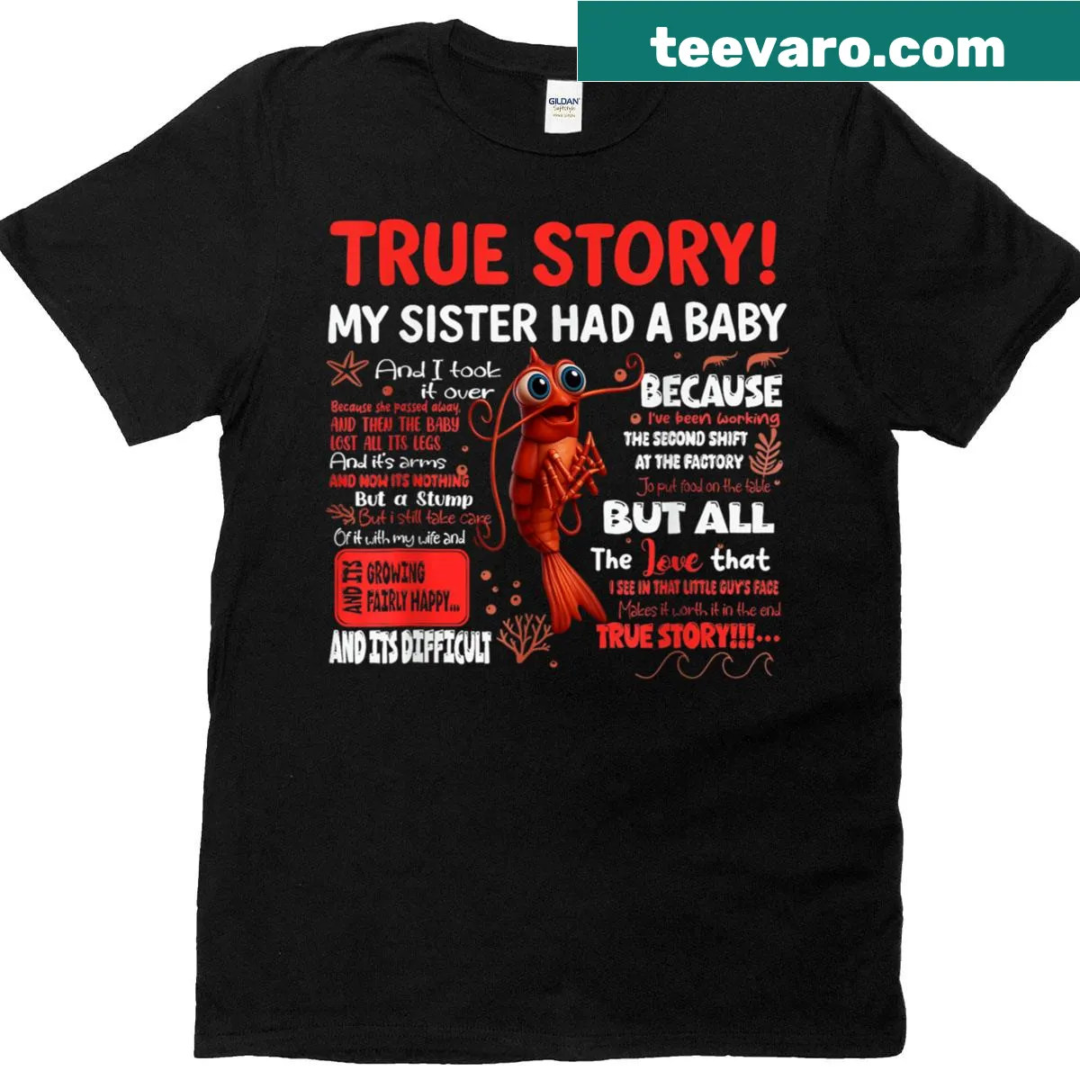 Funny tee featuring shrimp and a humorous text about a sister's baby — on a men's t-shirt