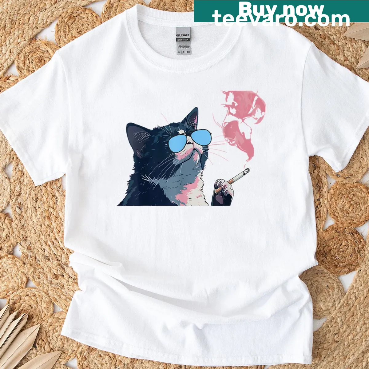 T-shirt with a cartoon of a smoking cat graphic — on a men's t-shirt