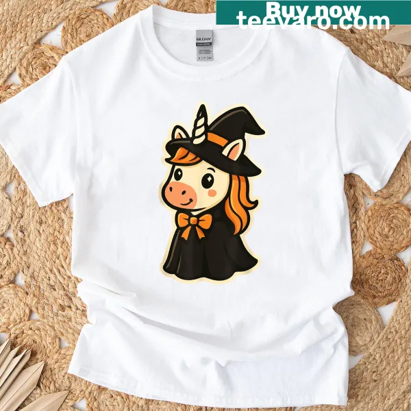 Cartoon unicorn in witch costume on Halloween-themed t-shirt for kids