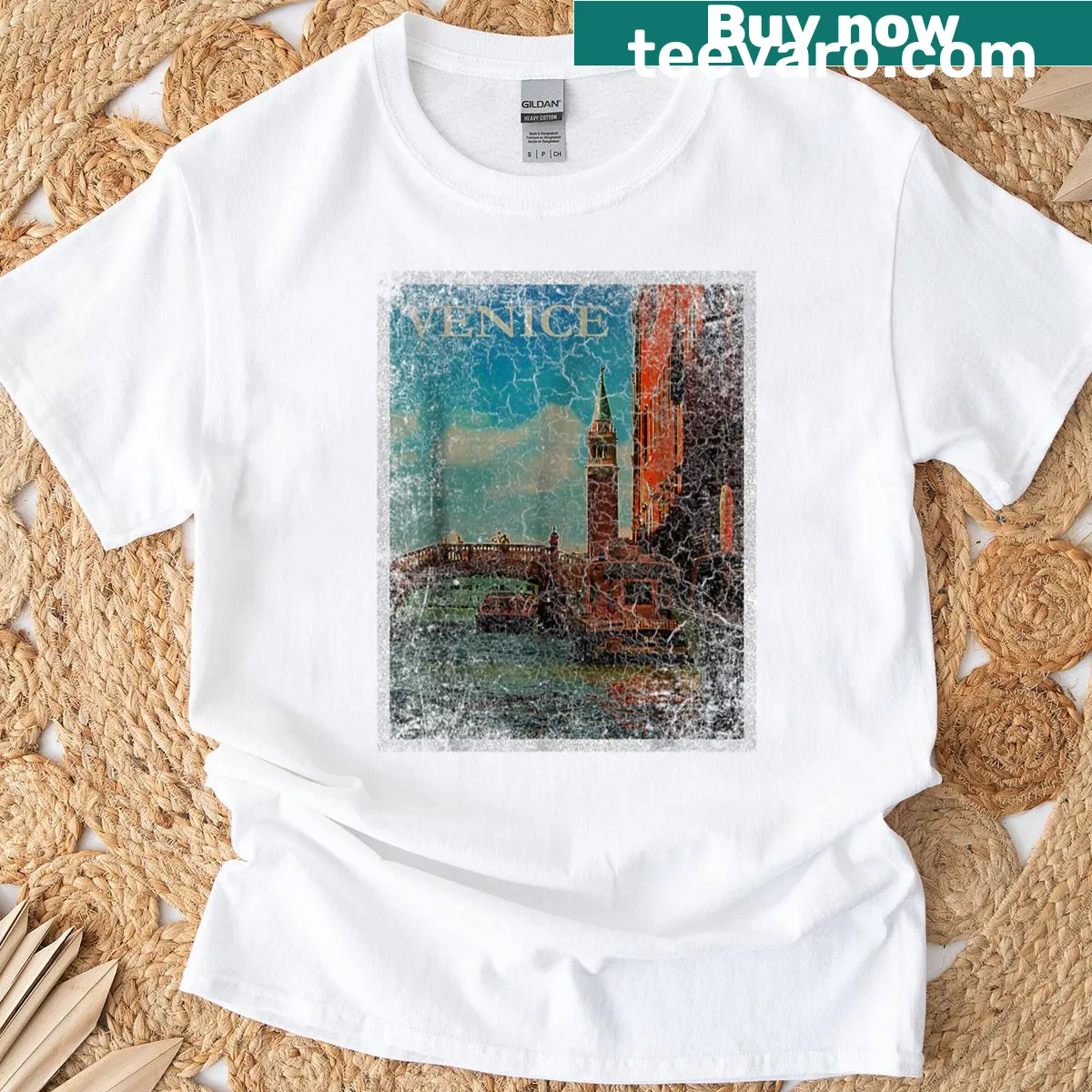 Humorous Venice travel-themed t-shirt with clever typography — on a men's t-shirt