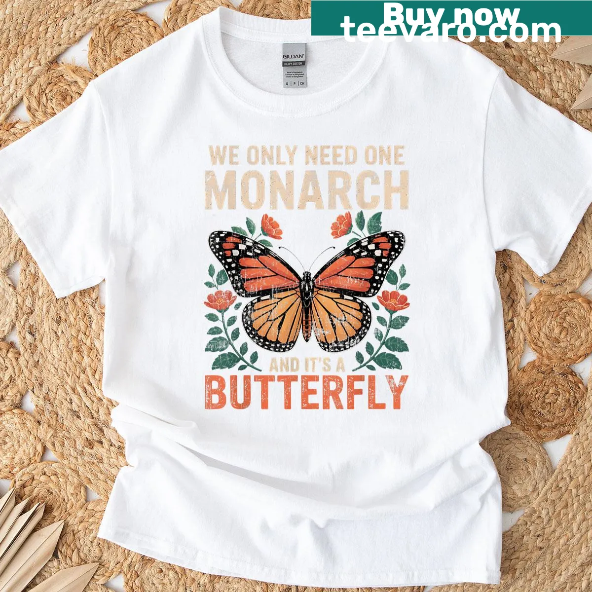 Butterfly floral graphic with humorous text about monarchs. — on a men's t-shirt