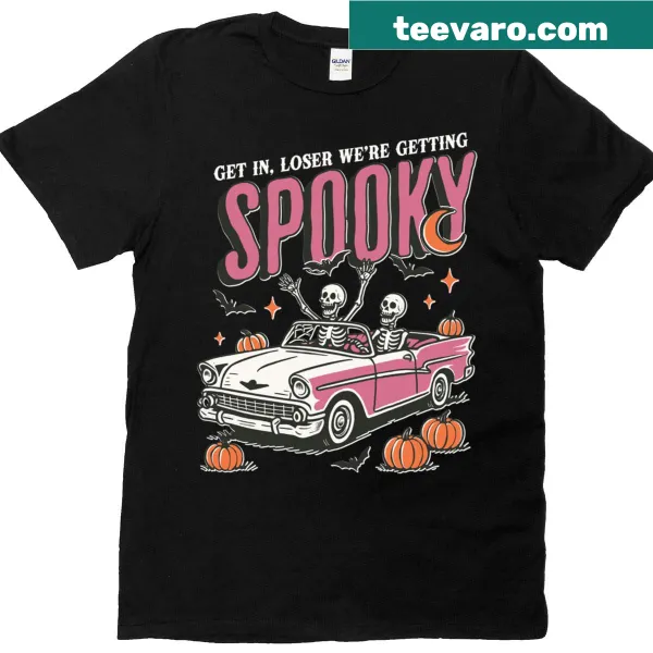 Halloween t-shirt with skeleton and pumpkin graphics and edgy text
