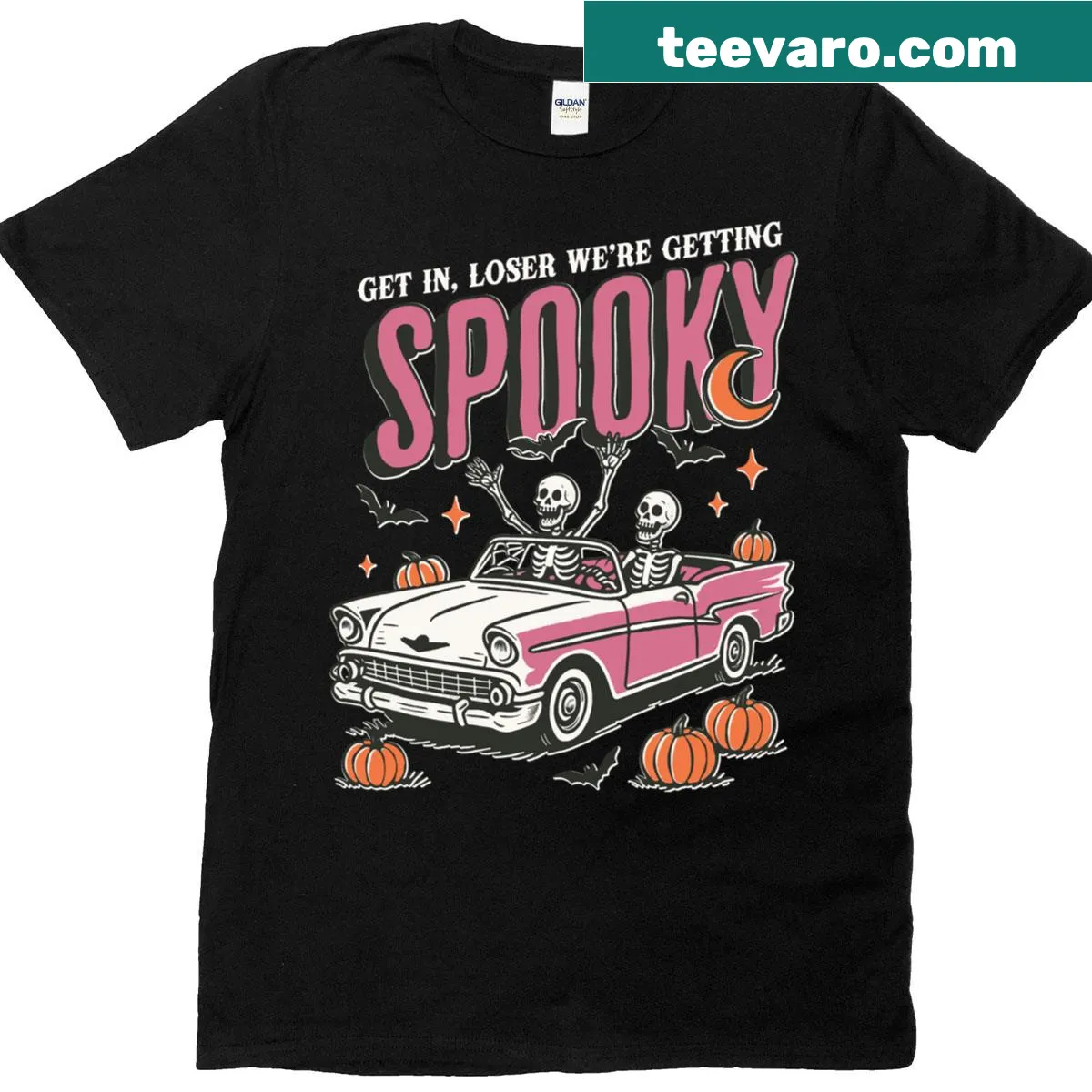 Halloween t-shirt with skeleton and pumpkin graphics and edgy text — on a men's t-shirt