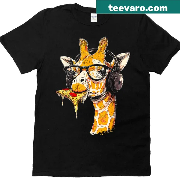 Giraffe wearing headphones and eating pizza graphic t-shirt