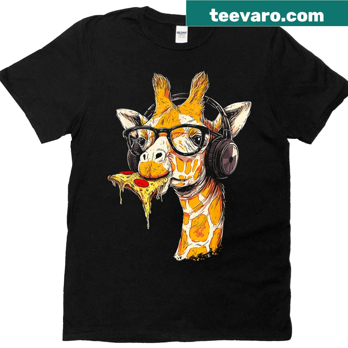 Giraffe wearing headphones and eating pizza graphic t-shirt — on a men's t-shirt