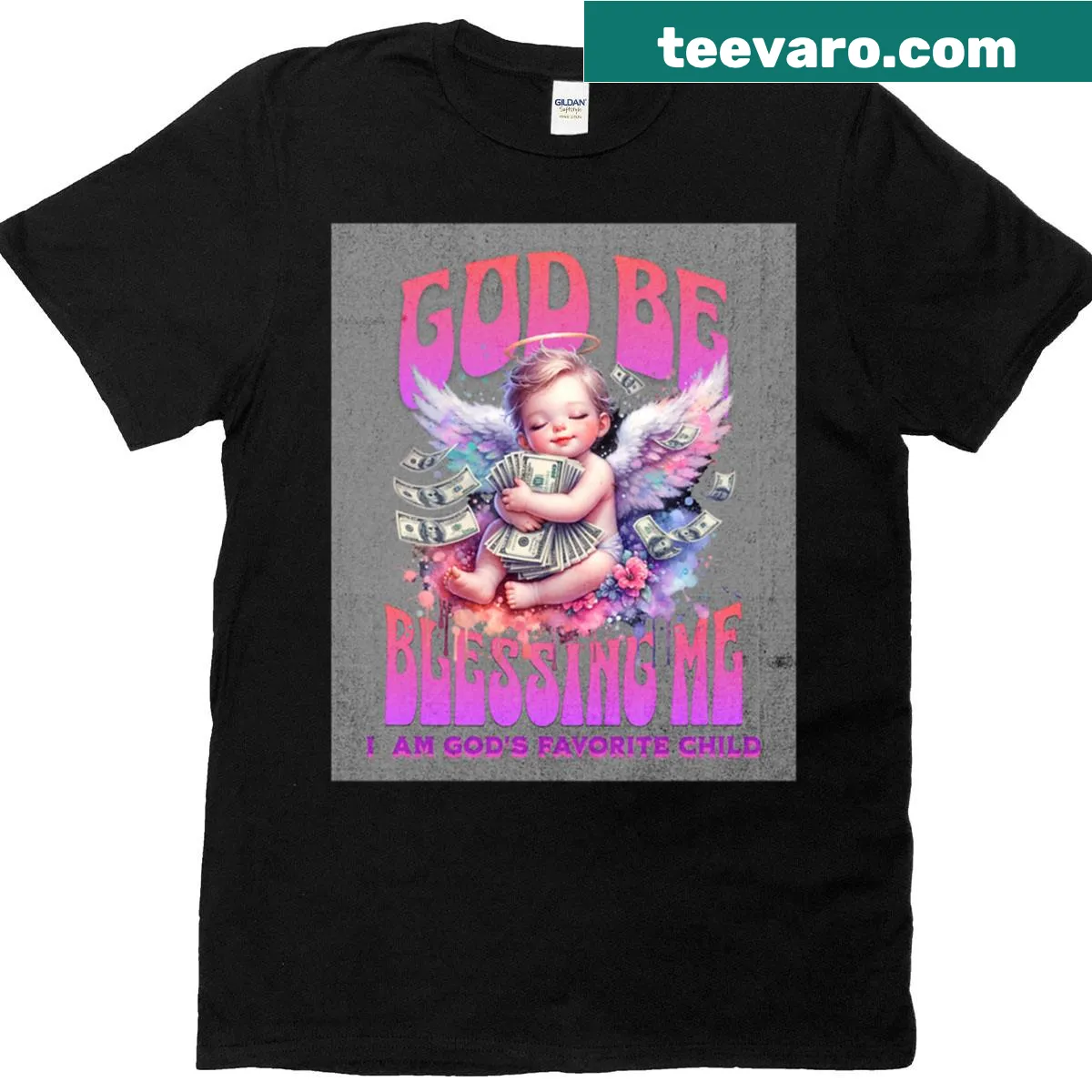 Inspirational t-shirt with angel graphic and abundance message — on a men's t-shirt