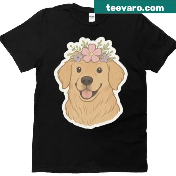 Vintage style golden retriever with flower crown graphic t-shirt