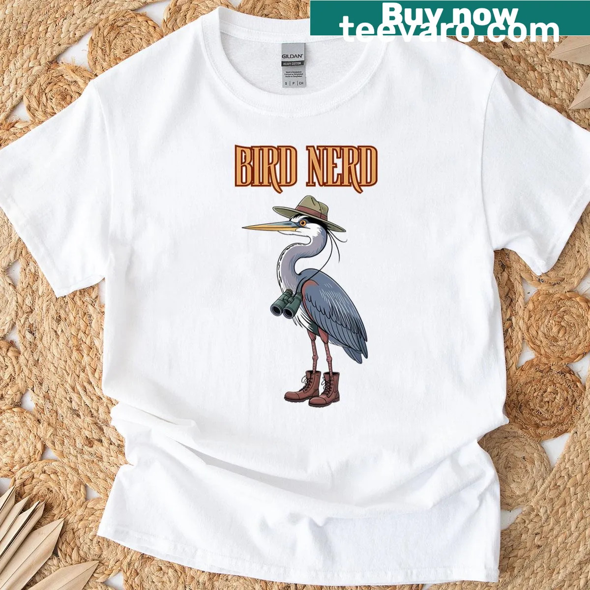 Illustration of a Great Blue Heron and binoculars on a T-shirt — on a men's t-shirt