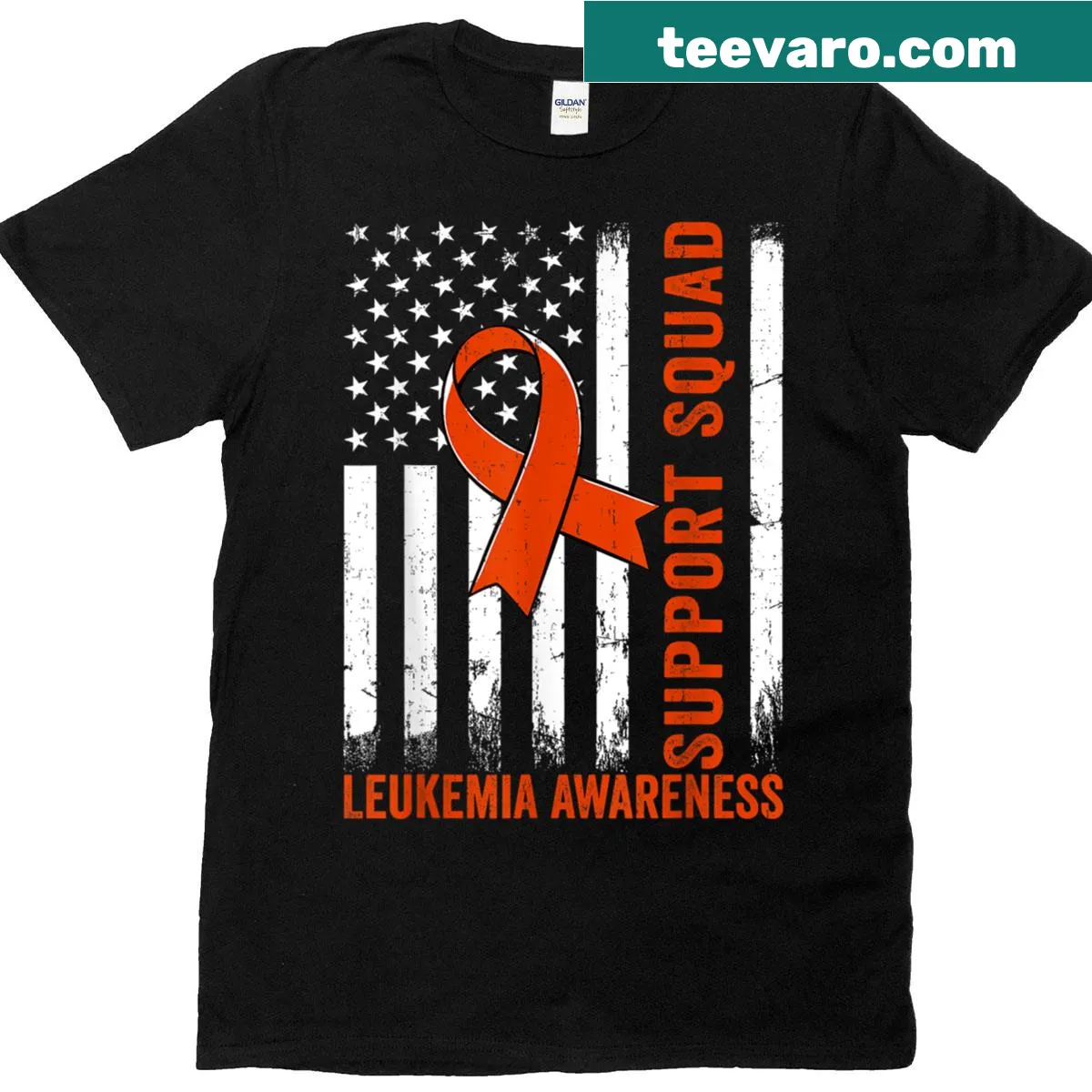 Motivational T-shirt with US flag and leukemia awareness design — on a men's t-shirt