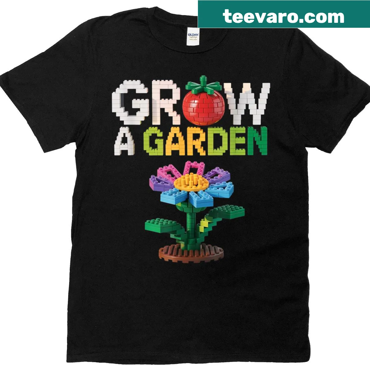 Playful gamer t-shirt featuring candy fruits and building blocks — on a men's t-shirt