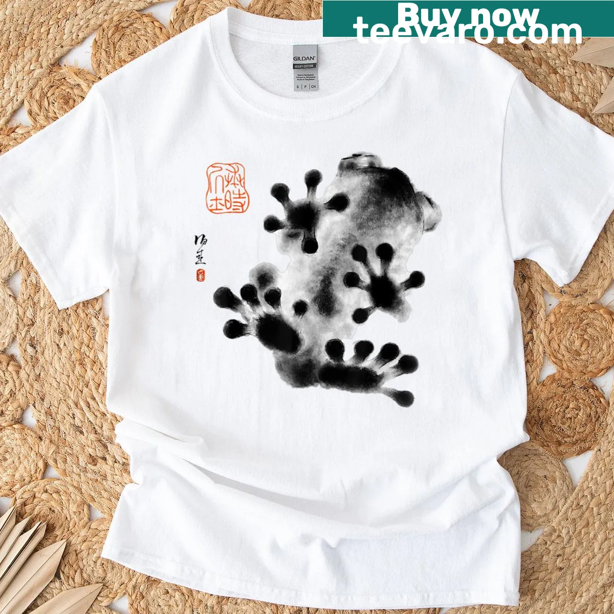 Grumpy Frog T-shirt featuring a Japanese art-inspired graphic design. — on a men's t-shirt