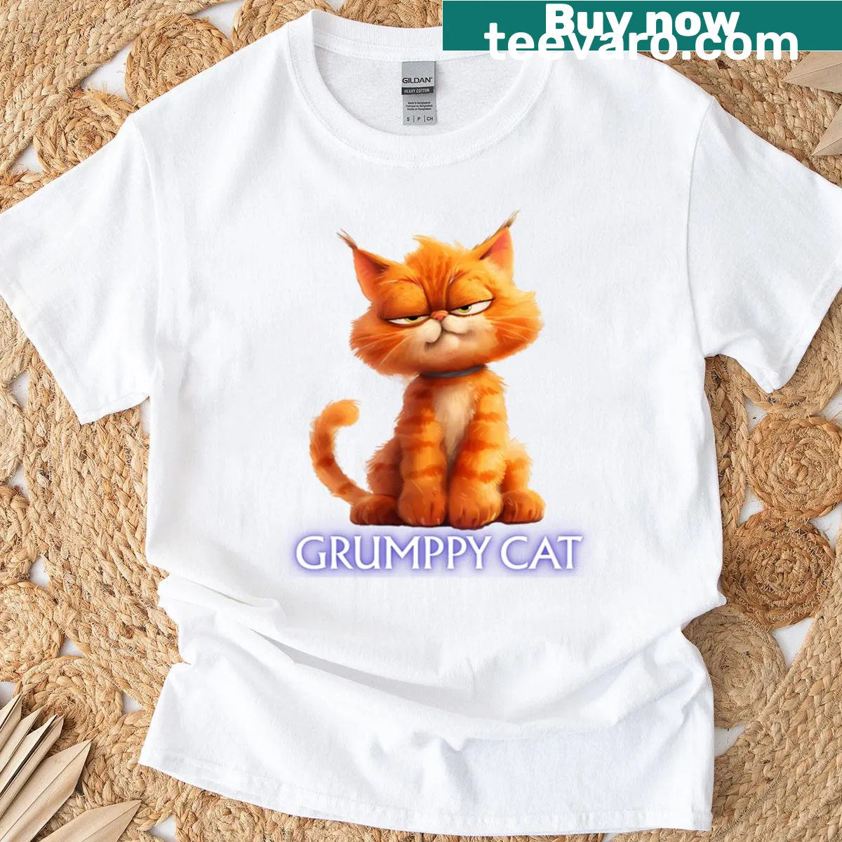 Oversized T-shirt with a grumpy orange cartoon cat — on a men's t-shirt