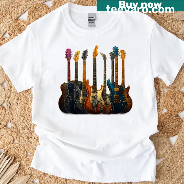 T-shirt featuring guitars and a music-themed graphic