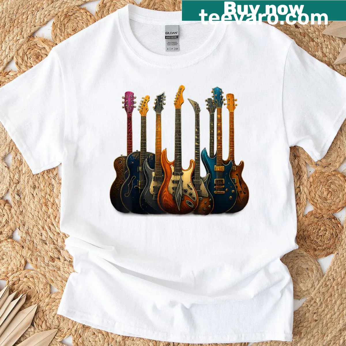 T-shirt featuring guitars and a music-themed graphic — on a men's t-shirt