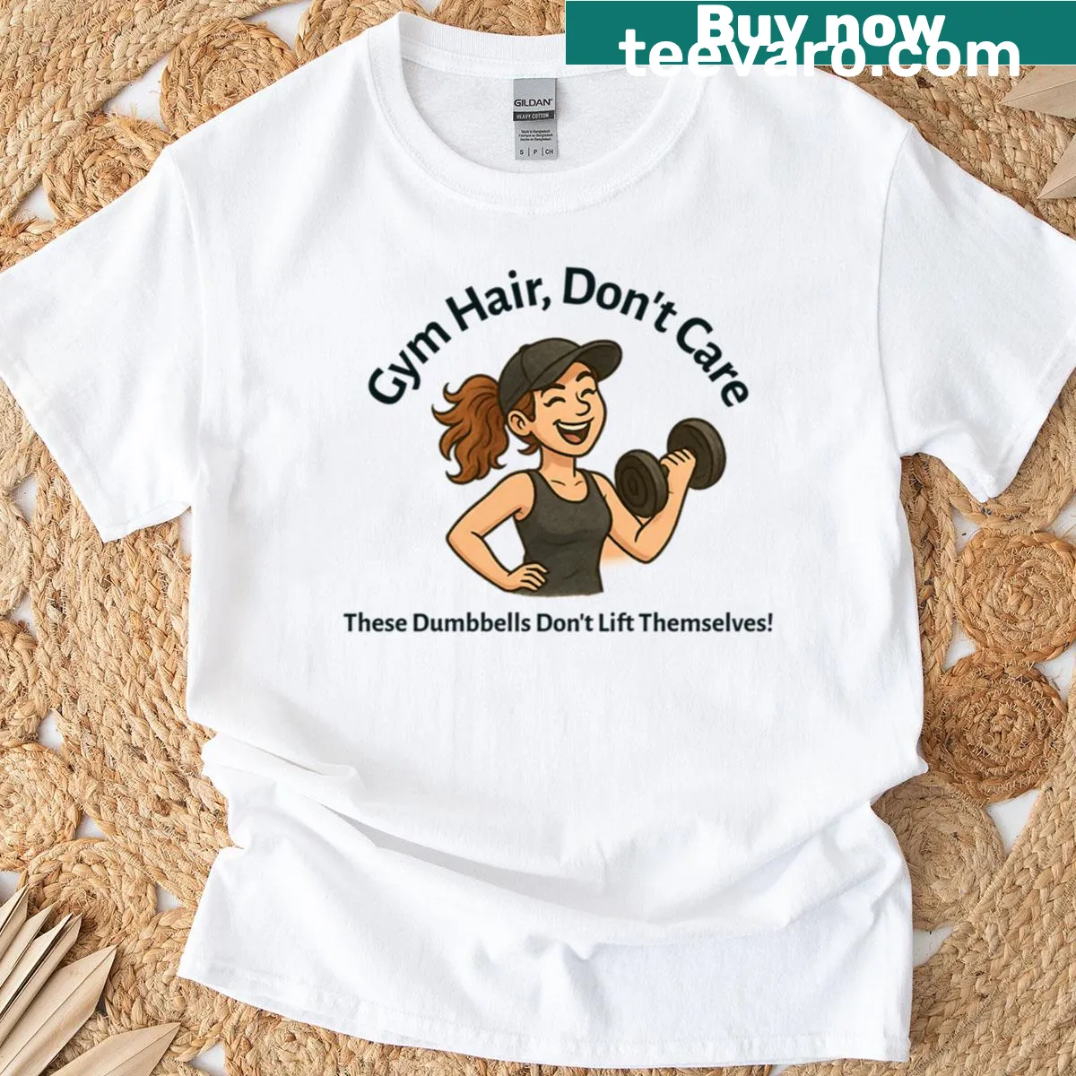 Playful gym shirt featuring humorous text about dumbbells and hair — on a men's t-shirt