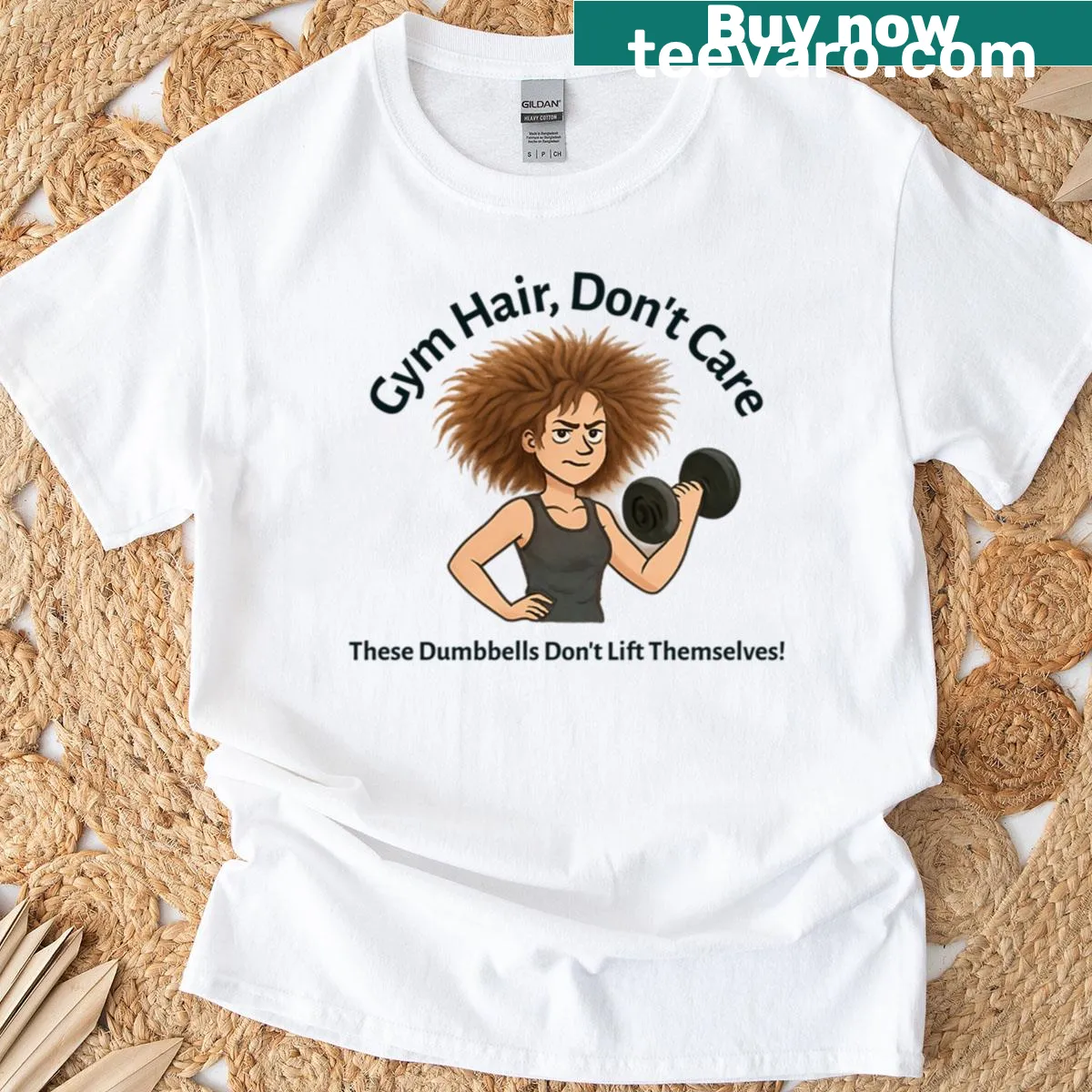Funny T-shirt with Gym Hair Don’t Care text — on a men's t-shirt