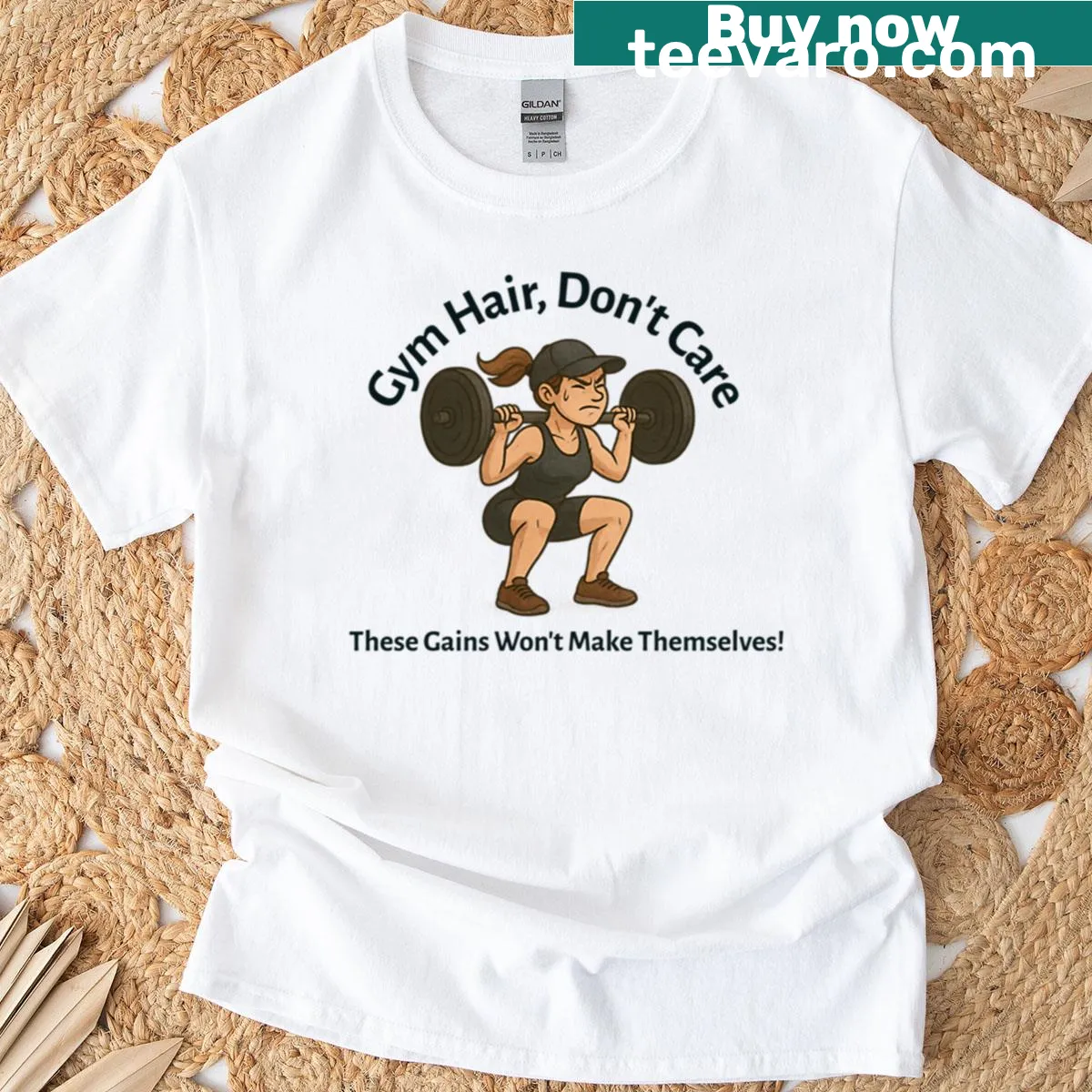 Fun squat-themed shirt with humorous text about gains and hair — on a men's t-shirt