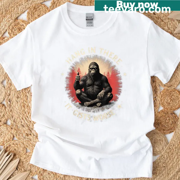 Funny Bigfoot hanging from a tree on a T-shirt